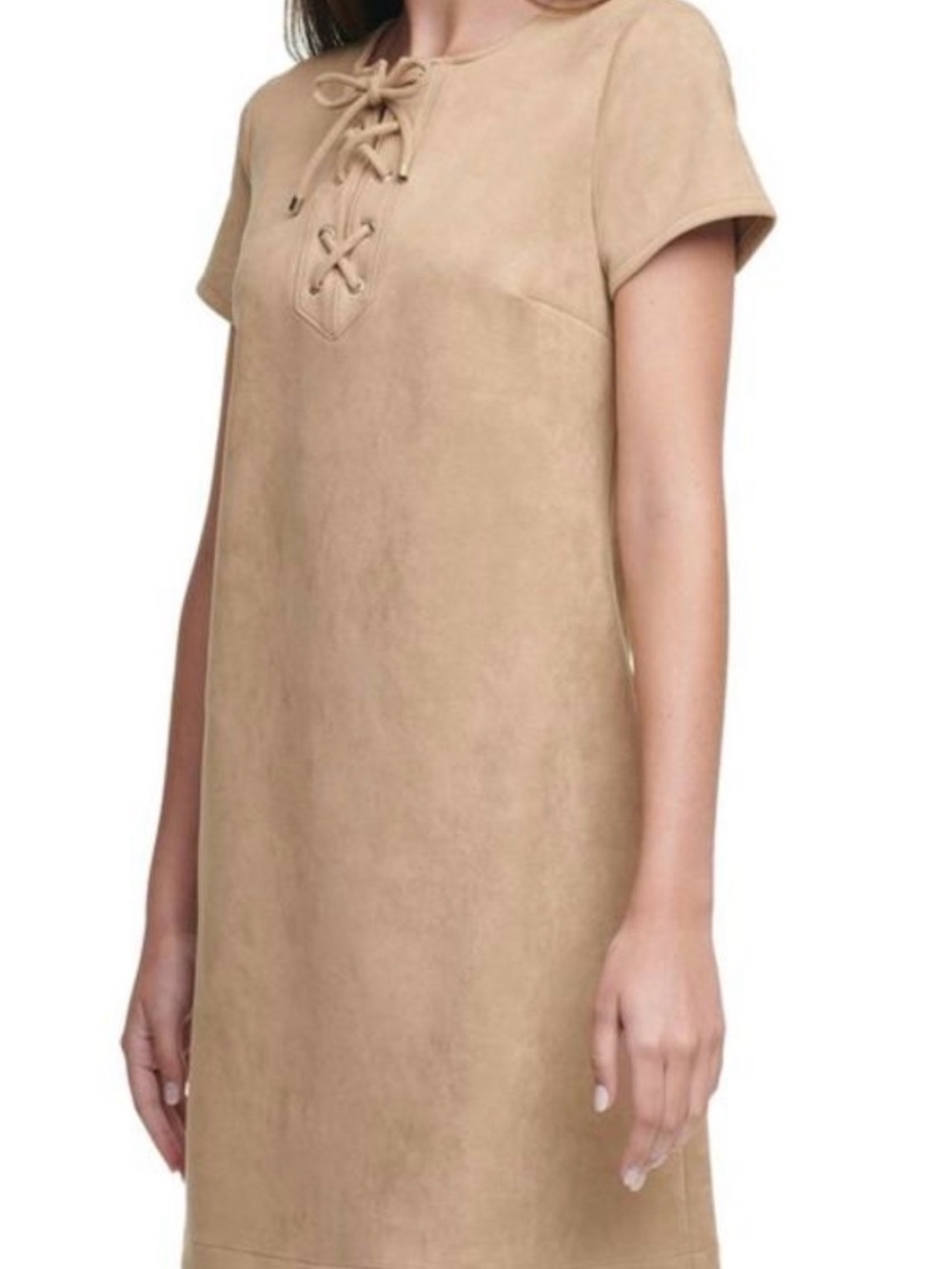 Tommy Hilfiger Lace-Up Suede Shift Dress in Camel Size 6